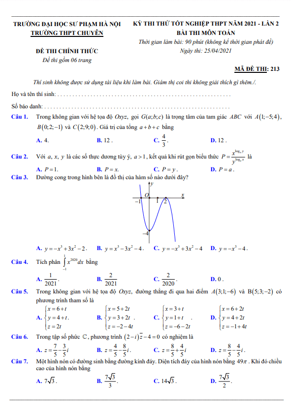 đề thi thử toán tn thpt 2021 lần 2 trường thpt chuyên sư phạm hà nội