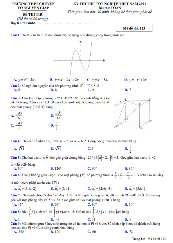 đề thi thử toán tn thpt 2021 trường chuyên võ nguyên giáp – quảng bình