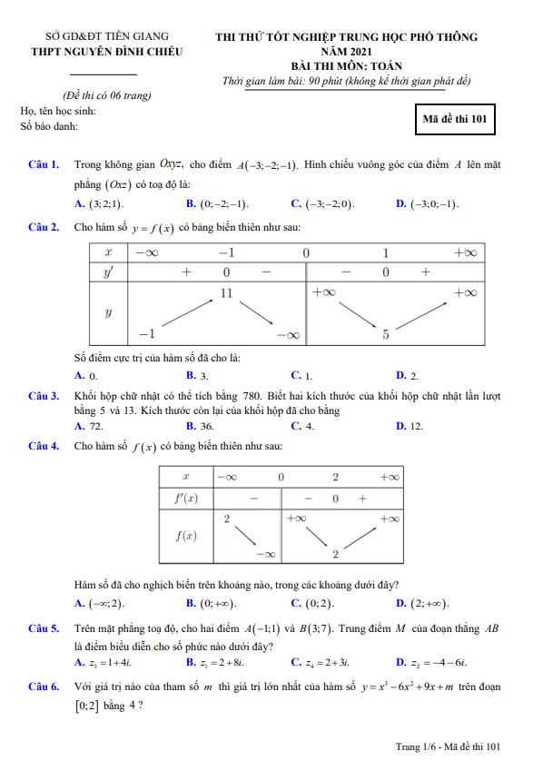 đề thi thử toán tn thpt 2021 trường thpt nguyễn đình chiểu – tiền giang