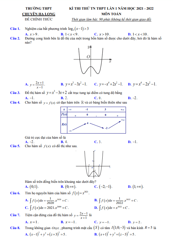 đề thi thử toán tn thpt 2022 lần 1 trường chuyên hạ long – quảng ninh