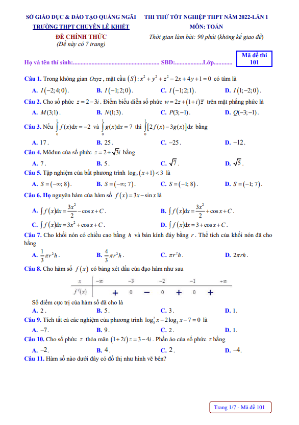đề thi thử toán tn thpt 2022 lần 1 trường chuyên lê khiết – quảng ngãi