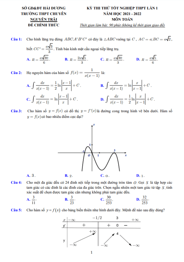 đề thi thử toán tn thpt 2022 lần 1 trường chuyên nguyễn trãi – hải dương