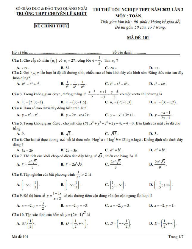 đề thi thử toán tn thpt 2022 lần 2 trường chuyên lê khiết – quảng ngãi