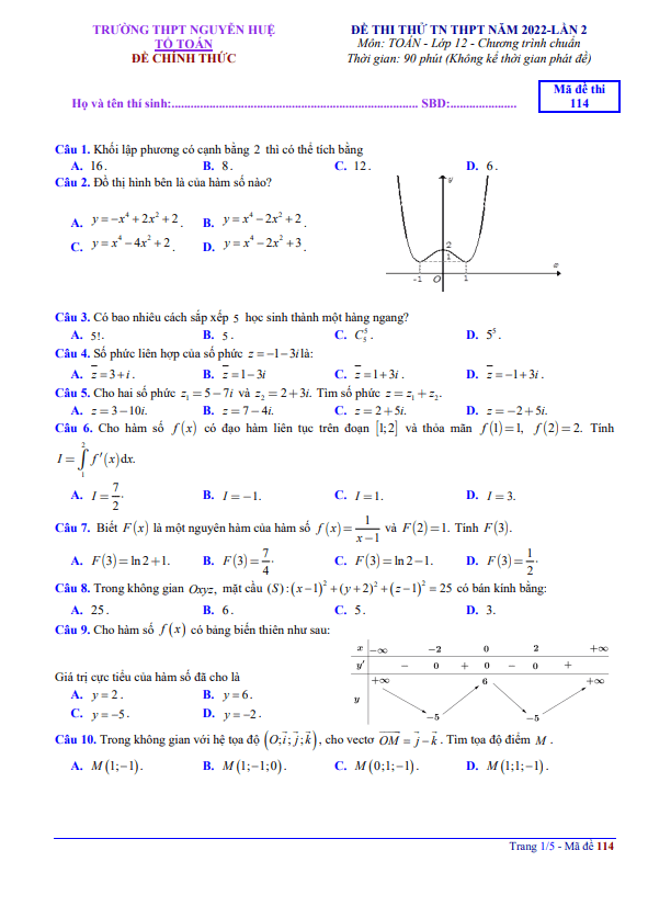 đề thi thử toán tn thpt 2022 lần 2 trường thpt nguyễn huệ – tt huế