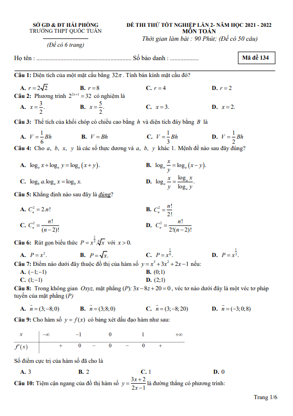 đề thi thử toán tn thpt 2022 lần 2 trường thpt quốc tuấn – hải phòng