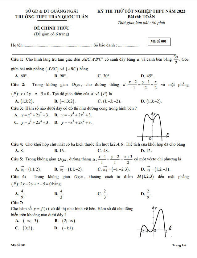 đề thi thử toán tn thpt 2022 lần 3 trường thpt trần quốc tuấn – quảng ngãi