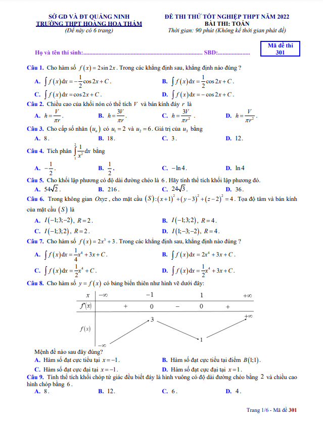 đề thi thử toán tn thpt 2022 trường thpt hoàng hoa thám – quảng ninh