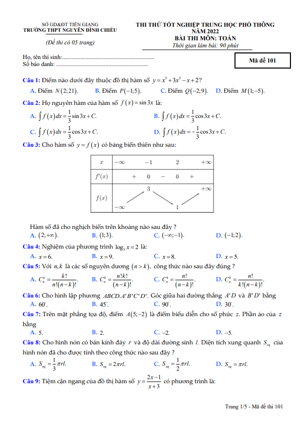 đề thi thử toán tn thpt 2022 trường thpt nguyễn đình chiểu – tiền giang