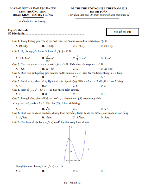 đề thi thử toán tn thpt 2023 cụm trường thpt hoàn kiếm – hai bà trưng – hà nội