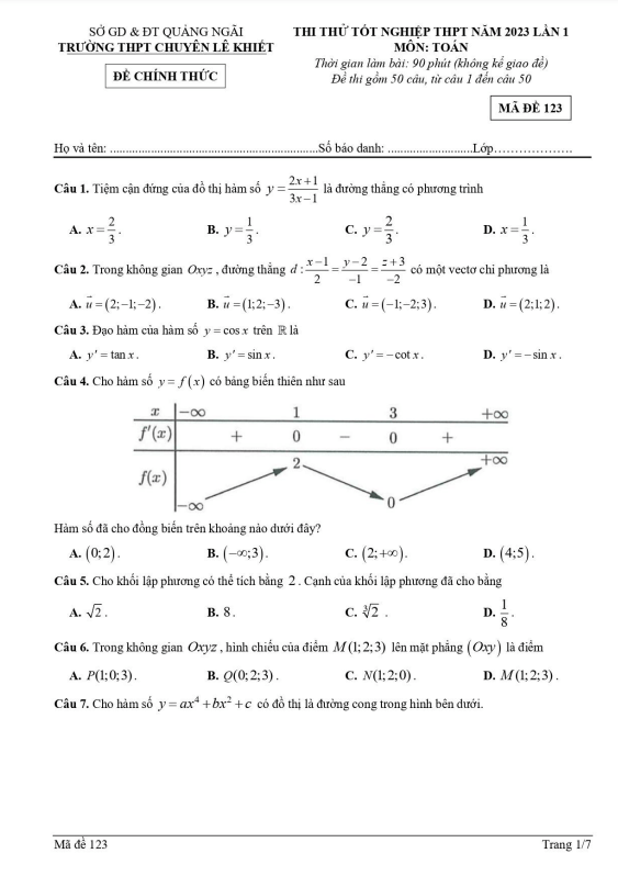 đề thi thử toán tn thpt 2023 lần 1 trường chuyên lê khiết – quảng ngãi