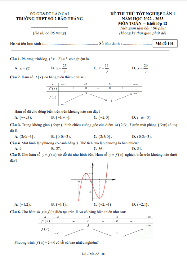 đề thi thử toán tn thpt 2023 lần 1 trường thpt bảo thắng 2 – lào cai