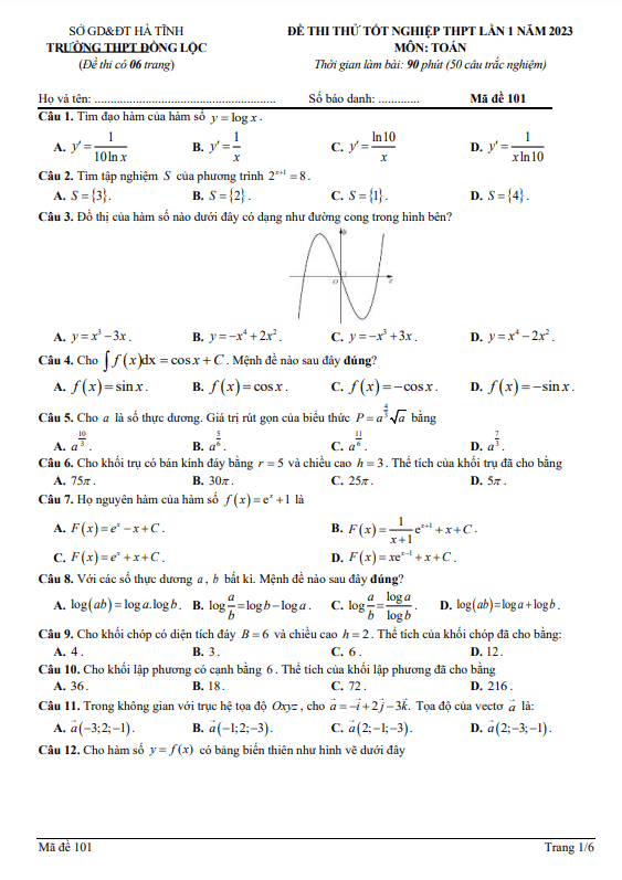 đề thi thử toán tn thpt 2023 lần 1 trường thpt đồng lộc – hà tĩnh