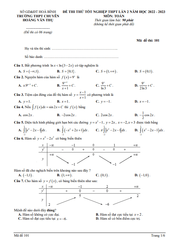 đề thi thử toán tn thpt 2023 lần 2 trường chuyên hoàng văn thụ – hòa bình