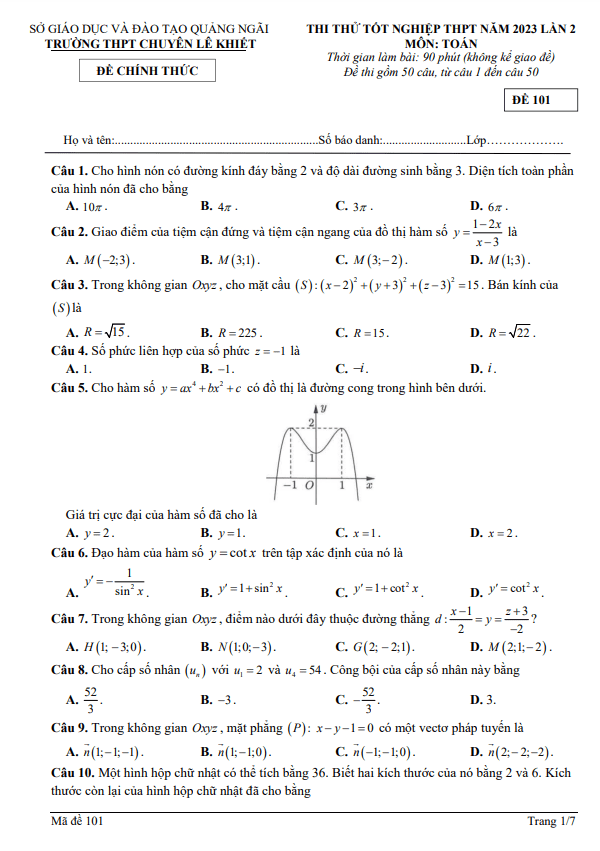đề thi thử toán tn thpt 2023 lần 2 trường chuyên lê khiết – quảng ngãi