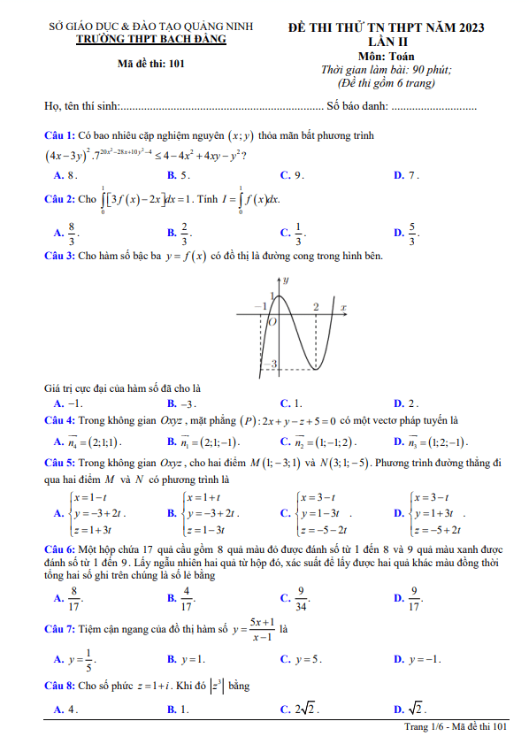 đề thi thử toán tn thpt 2023 lần 2 trường thpt bạch đằng – quảng ninh