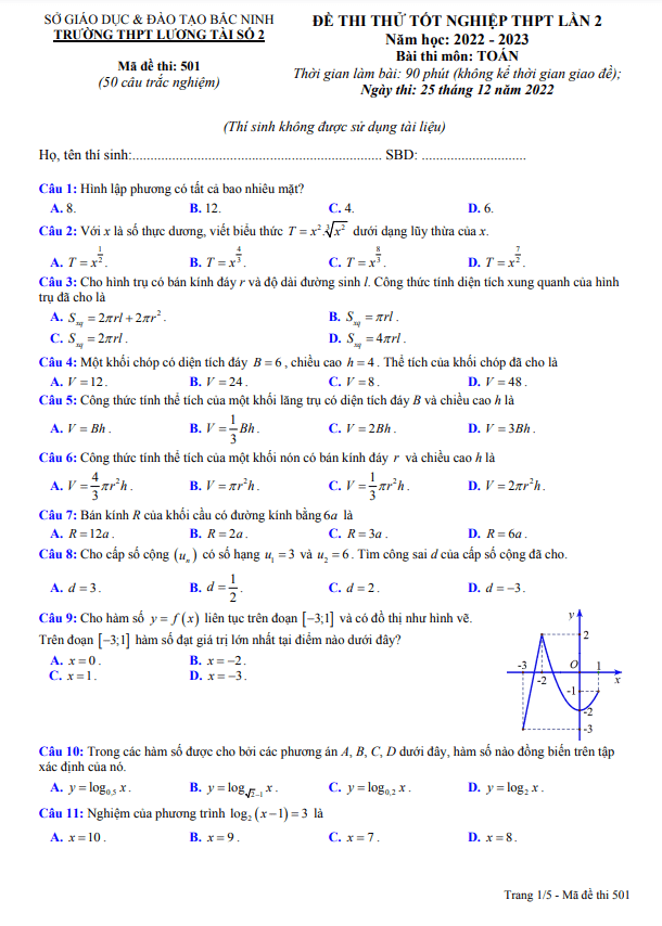 đề thi thử toán tn thpt 2023 lần 2 trường thpt lương tài 2 – bắc ninh