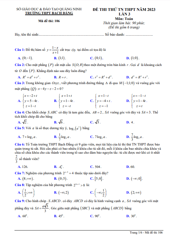 đề thi thử toán tn thpt 2023 lần 3 trường thpt bạch đằng – quảng ninh