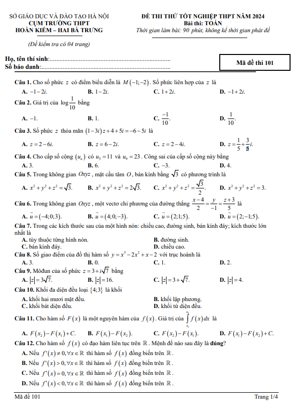 đề thi thử toán tn thpt 2024 cụm hoàn kiếm & hai bà trưng – hà nội