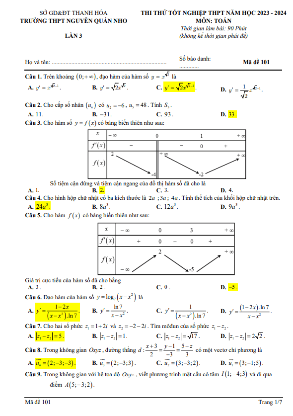 đề thi thử toán tn thpt 2024 lần 3 trường thpt nguyễn quán nho – thanh hóa