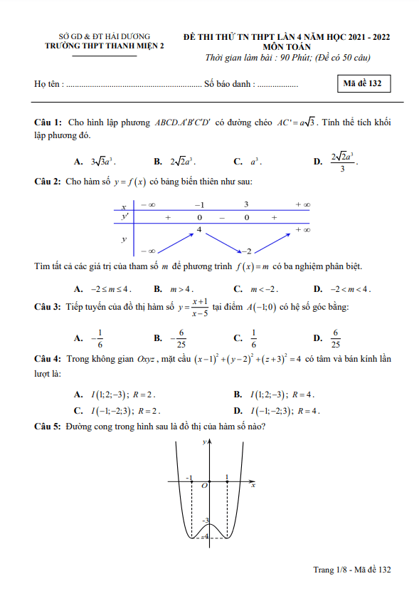 đề thi thử toán tn thpt lần 4 năm 2021 – 2022 trường thanh miện 2 – hải dương