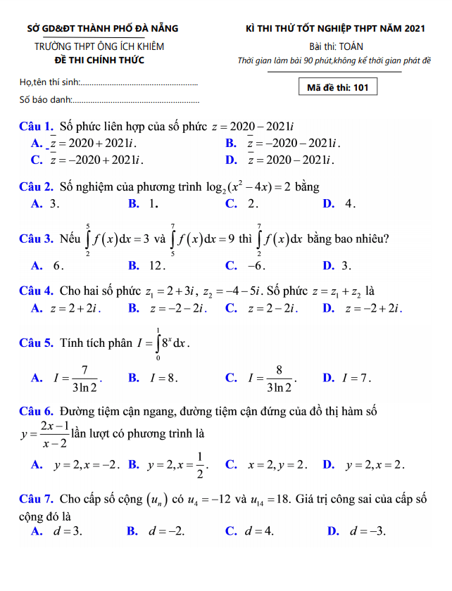 đề thi thử toán tn thpt năm 2021 trường thpt ông ích khiêm – đà nẵng