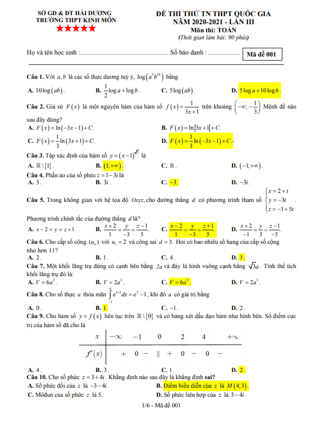đề thi thử toán tn thptqg 2021 lần 3 trường thpt kinh môn – hải dương