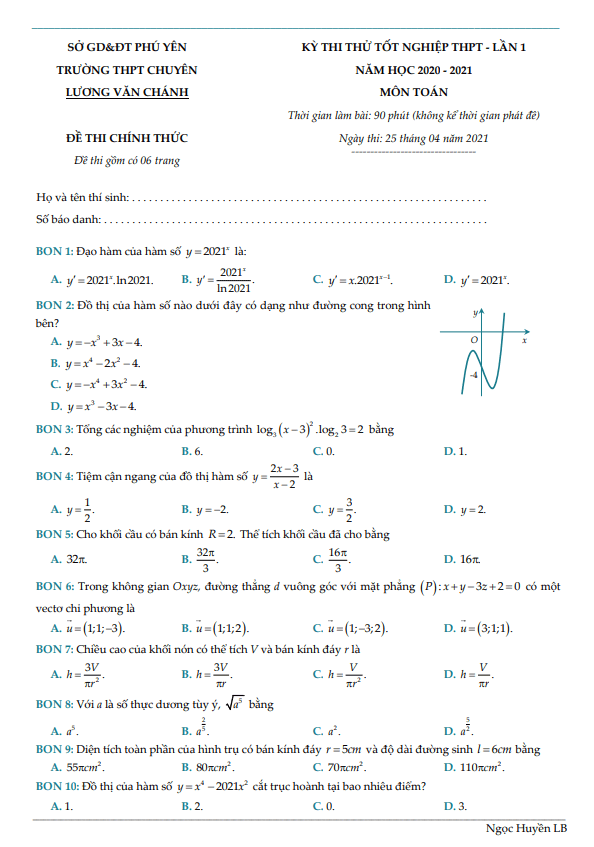 đề thi thử toán tnthpt 2021 lần 1 trường chuyên lương văn chánh – phú yên
