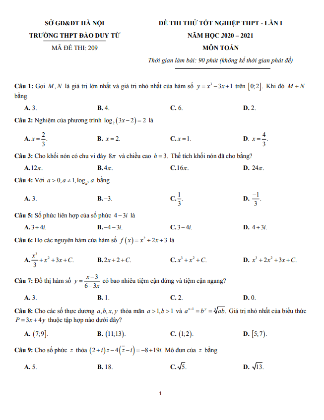 đề thi thử toán tốt nghiệp thpt 2021 lần 1 trường đào duy từ – hà nội