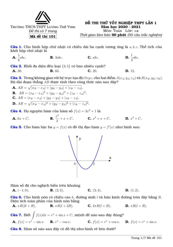 đề thi thử toán tốt nghiệp thpt 2021 lần 1 trường lương thế vinh – hà nội
