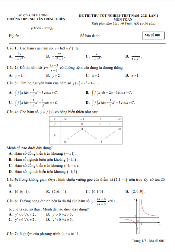 đề thi thử toán tốt nghiệp thpt 2021 lần 1 trường nguyễn trung thiên – hà tĩnh