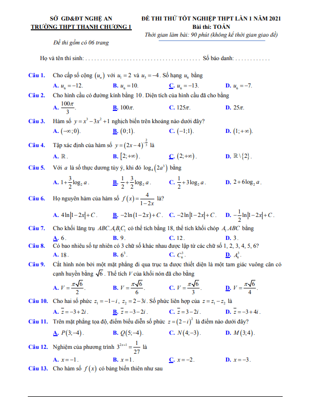 đề thi thử toán tốt nghiệp thpt 2021 lần 1 trường thanh chương 1 – nghệ an