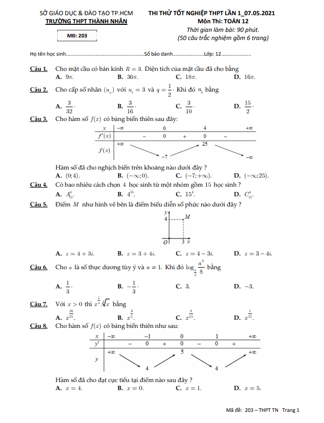đề thi thử toán tốt nghiệp thpt 2021 lần 1 trường thành nhân – tp hcm