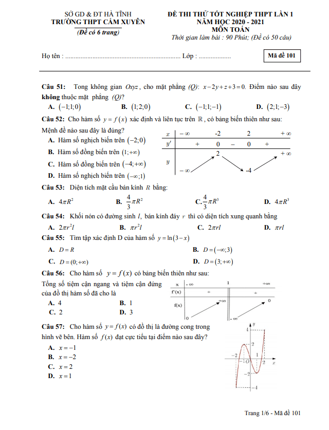 đề thi thử toán tốt nghiệp thpt 2021 lần 1 trường thpt cẩm xuyên – hà tĩnh