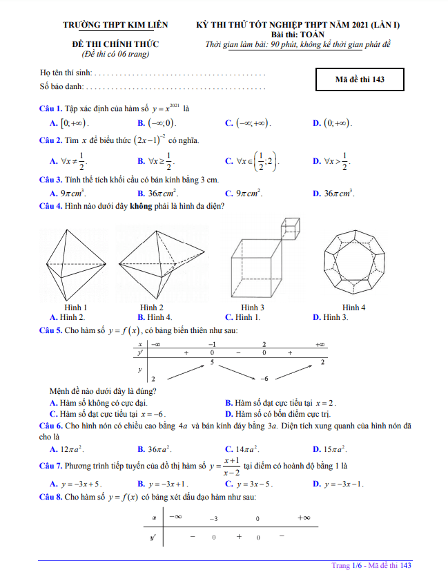 đề thi thử toán tốt nghiệp thpt 2021 lần 1 trường thpt kim liên – hà nội