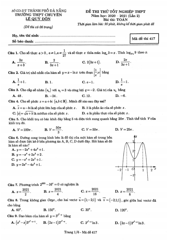 đề thi thử toán tốt nghiệp thpt 2021 lần 2 trường chuyên lê quý đôn – đà nẵng