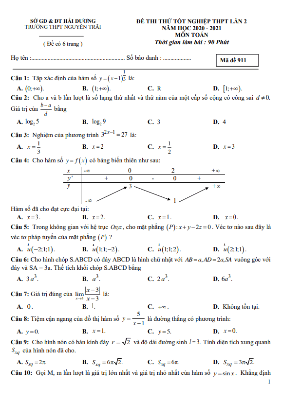 đề thi thử toán tốt nghiệp thpt 2021 lần 2 trường chuyên nguyễn trãi – hải dương