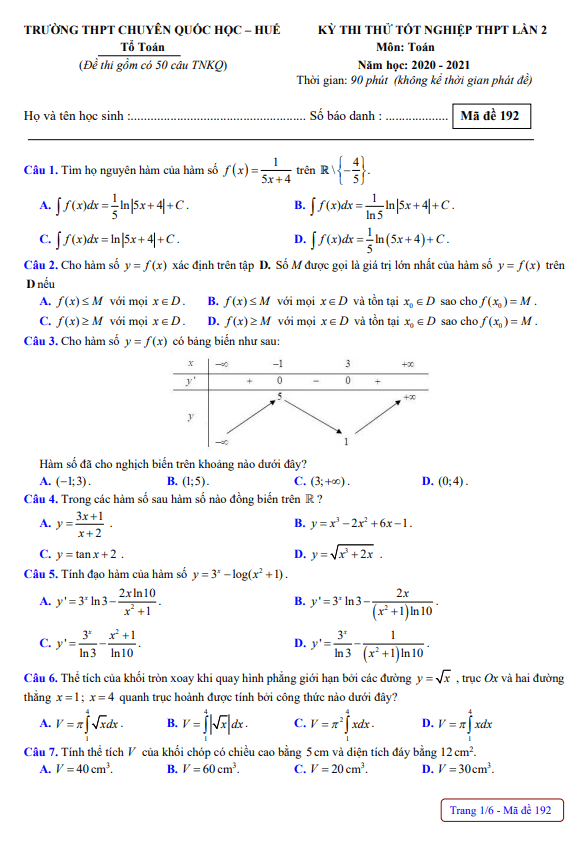 đề thi thử toán tốt nghiệp thpt 2021 lần 2 trường chuyên quốc học huế