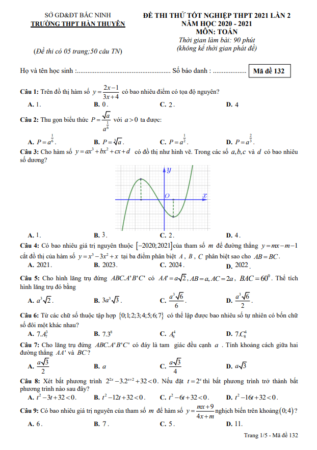 đề thi thử toán tốt nghiệp thpt 2021 lần 2 trường hàn thuyên – bắc ninh