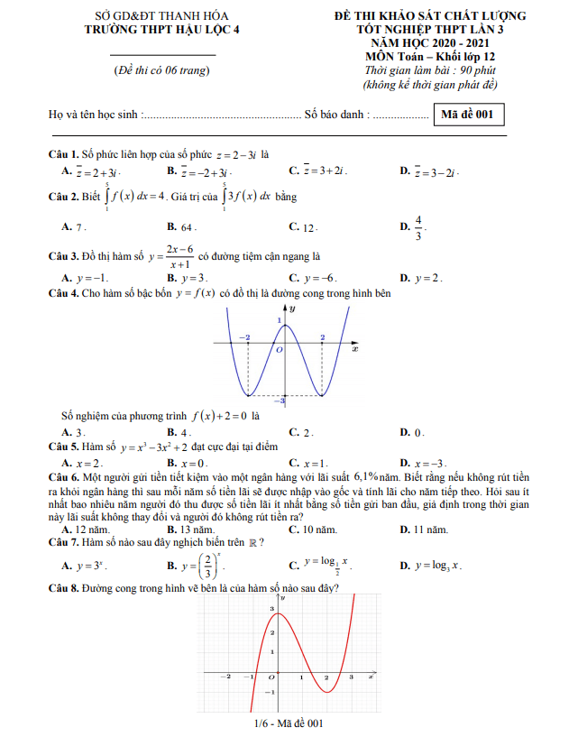 đề thi thử toán tốt nghiệp thpt 2021 lần 3 trường hậu lộc 4 – thanh hóa