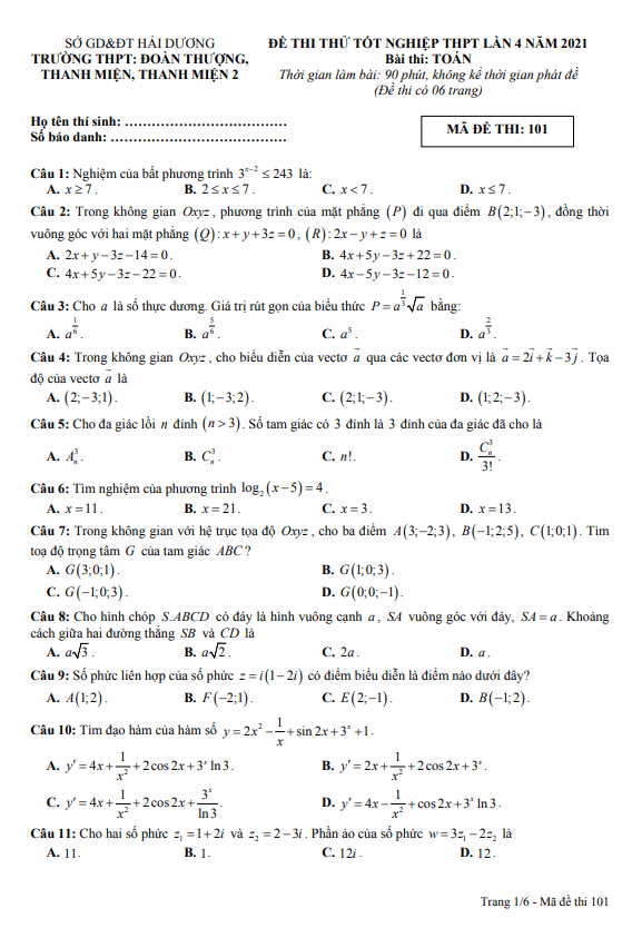 đề thi thử toán tốt nghiệp thpt 2021 lần 4 cụm các trường thpt – hải dương