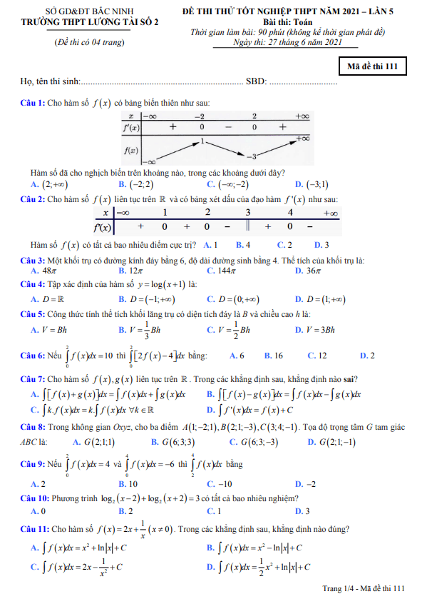 đề thi thử toán tốt nghiệp thpt 2021 lần 5 trường lương tài 2 – bắc ninh