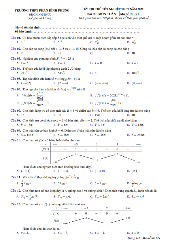 đề thi thử toán tốt nghiệp thpt 2021 trường phan đình phùng – quảng bình