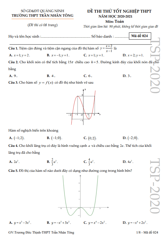 đề thi thử toán tốt nghiệp thpt 2021 trường trần nhân tông – quảng ninh
