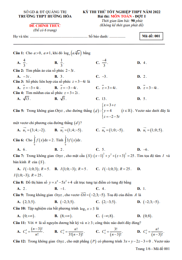 đề thi thử toán tốt nghiệp thpt 2022 đợt 1 trường thpt hướng hóa – quảng trị