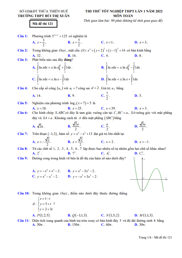 đề thi thử toán tốt nghiệp thpt 2022 lần 1 trường bùi thị xuân – tt huế