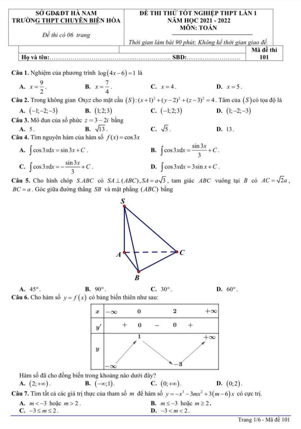 đề thi thử toán tốt nghiệp thpt 2022 lần 1 trường chuyên biên hòa – hà nam