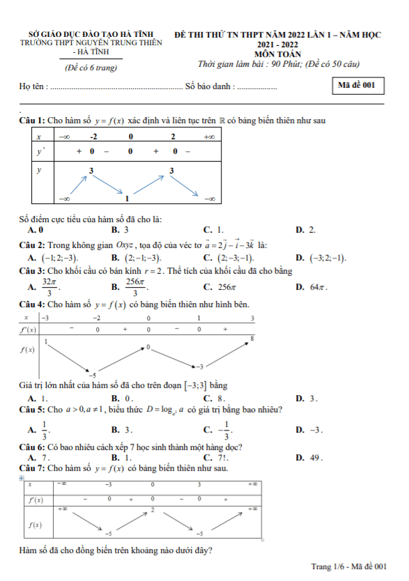 đề thi thử toán tốt nghiệp thpt 2022 lần 1 trường nguyễn trung thiên – hà tĩnh