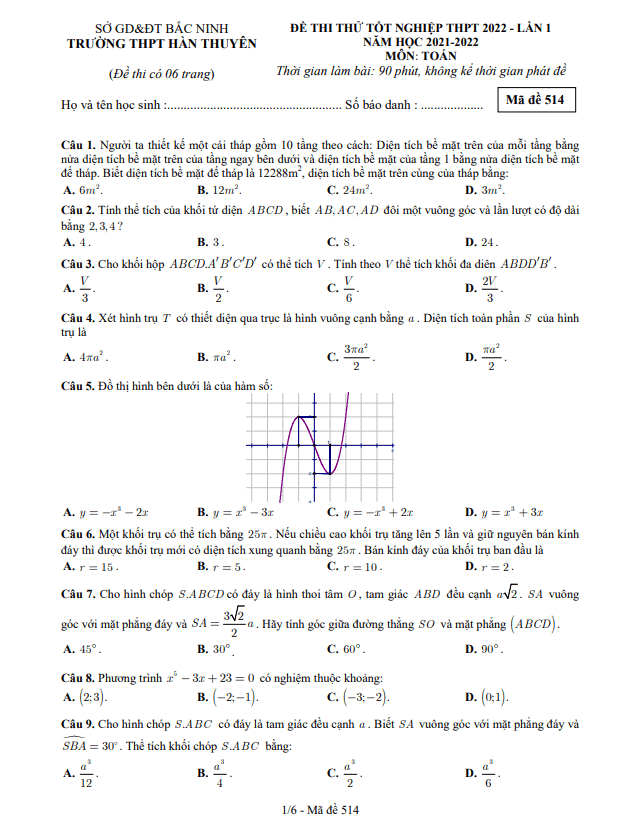 đề thi thử toán tốt nghiệp thpt 2022 lần 1 trường thpt hàn thuyên – bắc ninh