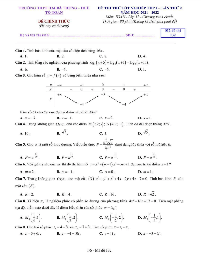 đề thi thử toán tốt nghiệp thpt 2022 lần 2 trường hai bà trưng – tt huế