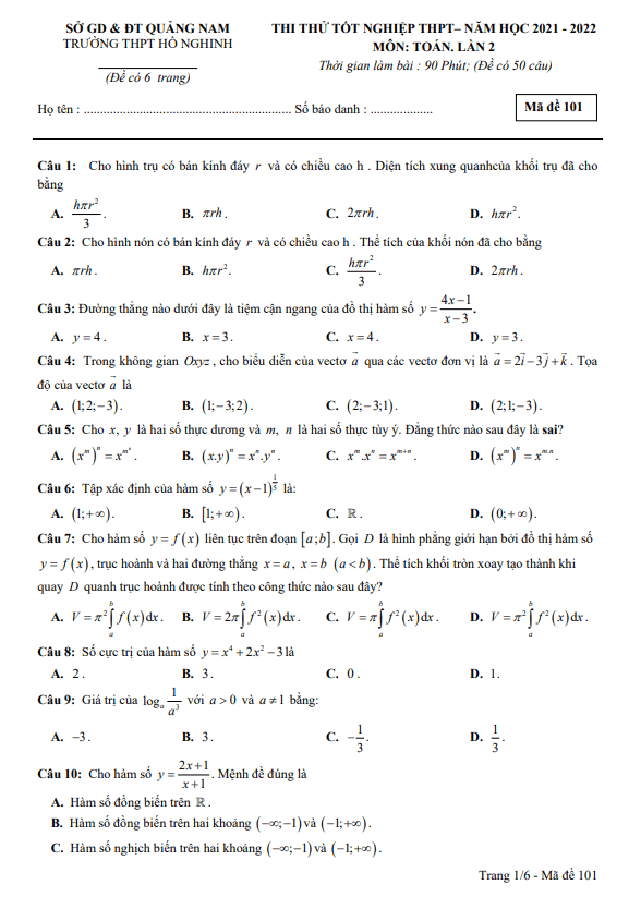 đề thi thử toán tốt nghiệp thpt 2022 lần 2 trường thpt hồ nghinh – quảng nam